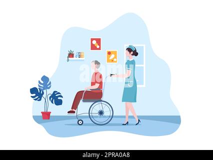 Elderly Care Services Hand Drawn Cartoon Flat Illustration with Caregiver, Nursing Home, Assisted Living and Support Design Stock Photo