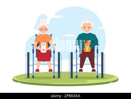 Elderly Care Services Hand Drawn Cartoon Flat Illustration with Caregiver, Nursing Home, Assisted Living and Support Design Stock Photo