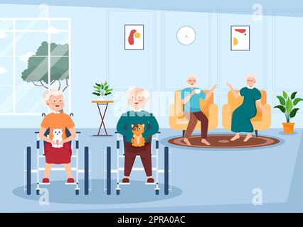 Elderly Care Services Hand Drawn Cartoon Flat Illustration with Caregiver, Nursing Home, Assisted Living and Support Design Stock Photo