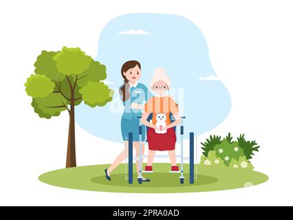 Elderly Care Services Hand Drawn Cartoon Flat Illustration with Caregiver, Nursing Home, Assisted Living and Support Design Stock Photo