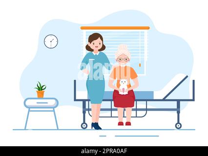 Elderly Care Services Hand Drawn Cartoon Flat Illustration with Caregiver, Nursing Home, Assisted Living and Support Design Stock Photo