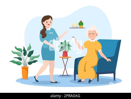 Elderly Care Services Hand Drawn Cartoon Flat Illustration with Caregiver, Nursing Home, Assisted Living and Support Design Stock Photo