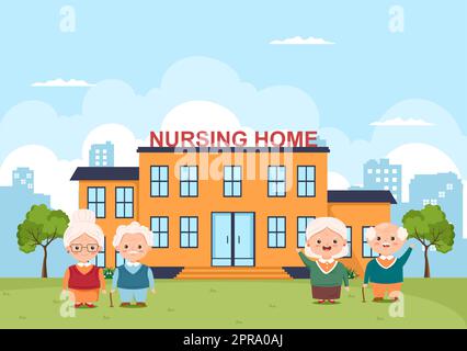 Elderly Care Services Hand Drawn Cartoon Flat Illustration with Caregiver, Nursing Home, Assisted Living and Support Design Stock Photo