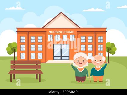 Elderly Care Services Hand Drawn Cartoon Flat Illustration with Caregiver, Nursing Home, Assisted Living and Support Design Stock Photo