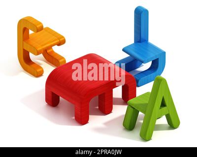 Letter shaped colorful kitchen furniture for kids isolated on white background. 3D illustration. Stock Photo