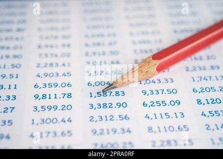 Spreadsheet table paper with pencil. Finance development, Banking Account, Statistics Investment Analytic research data economy, trading, office reporting Business company concept. Stock Photo