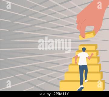 Gentleman Climbing Up Stair Case Trying To Reach Goals Hand Helping Representing Teamwork. Man Running Upwards Big Stairs Defining Progress And Improvement. Stock Vector