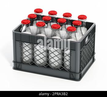 Milk bottles inside plastic crate. 3D illustration. Stock Photo