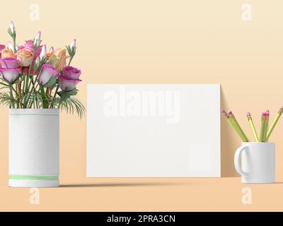 bouquet of tulips and blank card, Illustration, 3d Rendering, PSD File incl. Smart Object. Stock Photo