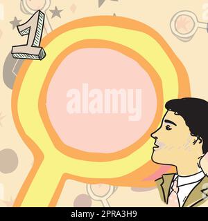 Man Looking At 1 Number Brainstorming New Solutions. Abstract Focusing Single Idea, Solving Main Problem Concept, Calculating Numbers, Simple Office Pattern Designs Stock Vector