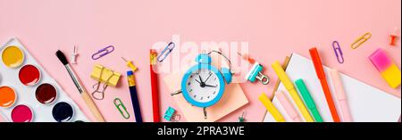 Back to school concept. Copy space. Pink bg Stock Photo