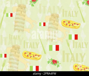 Italy travel seamless pattern with national italian food, sights, map and flag Stock Photo