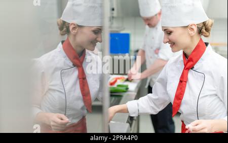 Chefs in large commercial kitchen cooking meals together Stock Photo