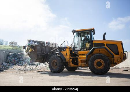 Yellow skid steer loader moving wooden waste material, shaking out a scrap grapple on the garbage heap in the materials recovery facility Stock Photo