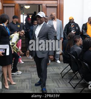 Newark, New Jersey, USA. 26th Apr, 2023. Newark Mayor RAS BARAKA, D-NJ, makkes his way in to a news conference at City Hall in Newark, New Jersey. Baraka and Lakeesha Eure announced the New Jersey Performinc Arts Center on the launch the City of Newark's Office of Violence Prevention and Trauma Recovery's (OVPTR) Strategic Plan. The OVPTR as a national model for pioneering deliberative solutions and policies to support the victims of crime and violence, to assist their recovery, and prevent such incidents from occurring. Its holistic and comprehensive approach to crime and violence treats Stock Photo