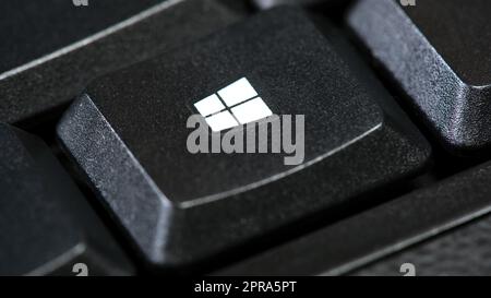Microsoft Windows 10 OS key on a modern laptop keyboard, macro, closeup ...