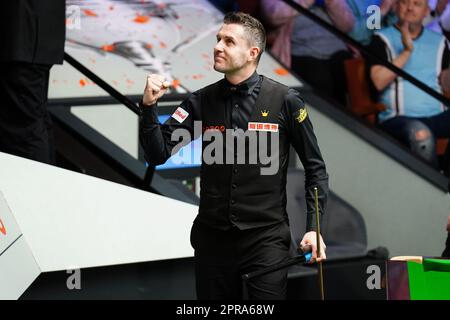 Mark Selby celebrates after defeating John Higgins (not pictured) on day twelve of the Cazoo World Snooker Championship at the Crucible Theatre, Sheffield. Picture date: Wednesday April 26, 2023. Stock Photo