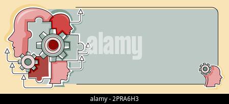 Multiple Heads With Cogs Showing Technology Ideas. Gears In Brain Symbols Design Displaying Mechanical And Technical Idea. Stock Vector