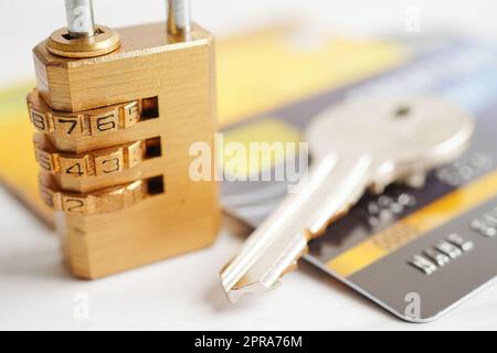 Credit card with password key lock, security finance business concept. Stock Photo