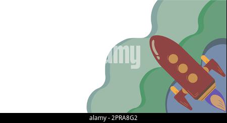 Rocket Taking Off Leaving Fire Behind And Presenting Important Message. Spacecraft Flying In Sky And Showing Crutial Informations. New Ideas Presented. Stock Vector