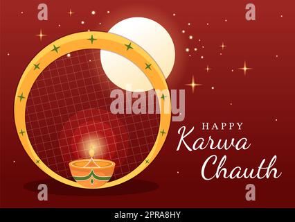 Karwa Chauth Festival Hand Drawn Flat Cartoon Illustration to Start the New Moon by Seeing the Moonrise in November From Wives for Their Husbands Stock Photo