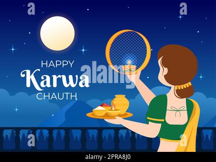 Karwa Chauth Festival Hand Drawn Flat Cartoon Illustration to Start the New Moon by Seeing the Moonrise in November From Wives for Their Husbands Stock Photo