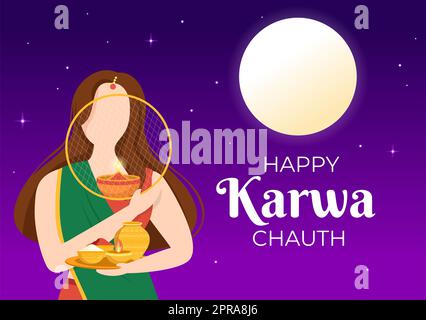 Karwa Chauth Festival Hand Drawn Flat Cartoon Illustration to Start the New Moon by Seeing the Moonrise in November From Wives for Their Husbands Stock Photo