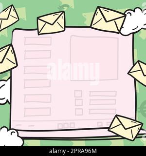 Composing Letter Idea, Listing Text Documents, Presenting Writing Tools, Selling Materials. Checklist Table Surrounded With Envelops And Clouds Stock Vector
