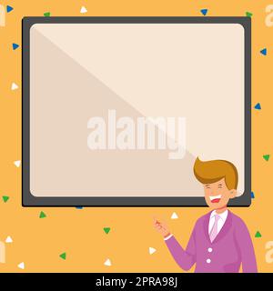Instructor Drawing Pointing Stick On Empty Whiteboard While Holding Cup. Professor Holding Pointer At The Board Showing New Information. Stock Vector