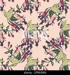 Bright blossom drawing botanical fuchsia pattern, floral wallpaper. Cute flowers seamless background. Vector illustration graphic design for fashion, Stock Photo