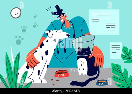 Smiling veterinarian with pets in clinic. Happy vet doctor work with dog and cat in domestic animals hospital. Healthcare concept. Vector illustration Stock Photo