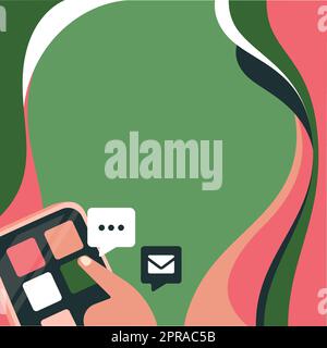 Finger Pressing Application Button Presenting Technological Advances Global Network Connection. Hand Using Mobile Opening Digital Representing Technology Development. Stock Vector
