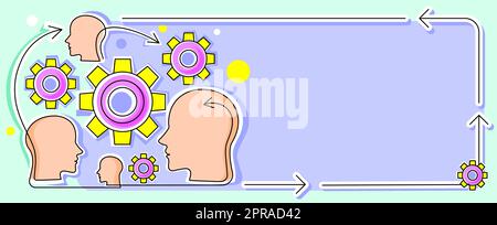 Multiple Heads With Cogs Showing Technology Ideas. Gears In Brain Symbols Design Displaying Mechanical And Technical Idea. Stock Vector