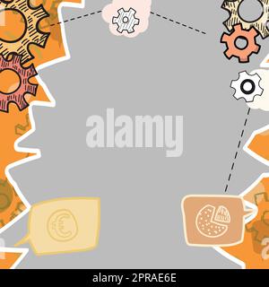 Illustration Of Mechanic Gears Connected To Each Other Performing Work. Drawing Of Cogwheels Attached On Sides Acting Alongside. Currency Signs And Pie Chart. Stock Photo