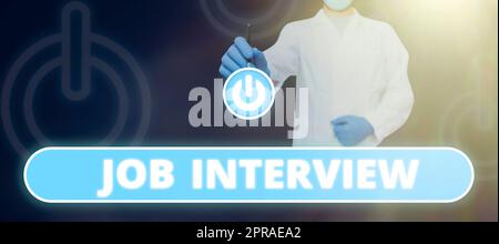 Conceptual caption Job Interview. Business overview Assessment Questions Answers Hiring Employment Panel Doctor Pointing With Pen On Power Button And Presenting New Ideas. Stock Photo