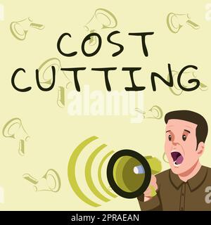 Handwriting text Cost Cutting. Word for Measures implemented to reduced expenses and improved profit Businessman Talking Through Megaphone Making Wonderful New Announcement Stock Photo