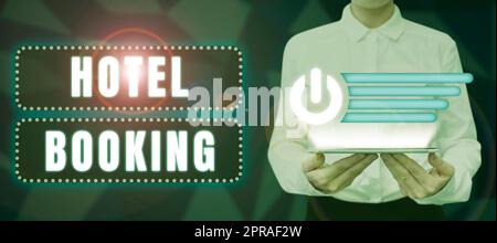 Text sign showing Hotel Booking. Conceptual photo Online Reservations Presidential Suite De Luxe Hospitality Woman Holding Tablet Presenting Digital Button And Sharing Information. Stock Photo