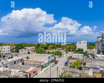 Cityscape caribbean ocean and beach panorama view Playa del Carmen. Stock Photo