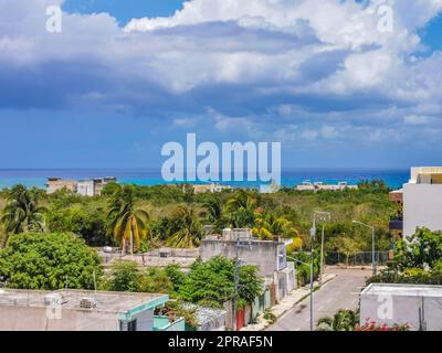 Cityscape caribbean ocean and beach panorama view Playa del Carmen. Stock Photo