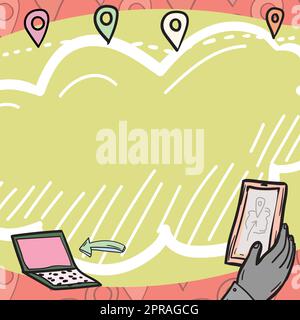Hand Of Businesswoman Holding Smartphone Displaying Graphical Location Navigation Pin And Arrow On Loading To Laptop. Way Routes And Destination Points With Space For Text. Stock Vector