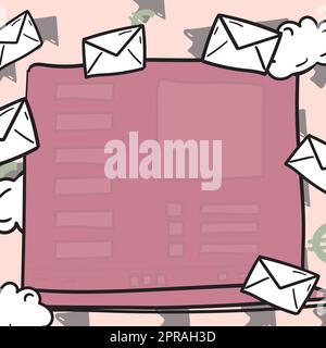 Composing Letter Idea, Listing Text Documents, Presenting Writing Tools, Selling Materials. Checklist Table Surrounded With Envelops And Clouds Stock Vector