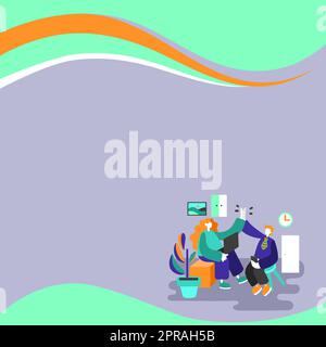 Colleagues Clapping Hands In Office. Working Together Drawing Characters. Two Workers Agreeing With Same Idea. Employees Claiming Equal Concept. Stock Vector