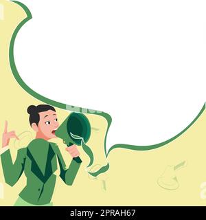 Female leader making statement. Woman wearing formal attire holds megaphone giant speech balloon. Lady expressing success and encouragement. Activist protesting. Stock Vector