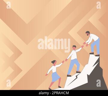 Thee Colleagues Climbing Upwards Mountain Reaching Success Presenting Teamwork. Partners Walking Up Peak Achieving Progress Presenting Combined Effort. Stock Vector