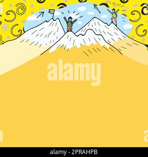 Message Presented Underneath Men Hiking On Top Of Mountains With Snow. Two Hikers Climbing On Cliffs To Reach A Goal. Climbers Going Up With Clouds In Background. Stock Vector