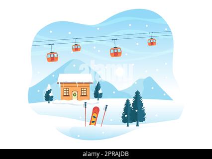 Snowboarding Hand Drawn Cartoon Flat Illustration of People in Winter Outfit Sliding and Jumping with Snowboards at Snowy Mountain Sides or Slopes Stock Photo