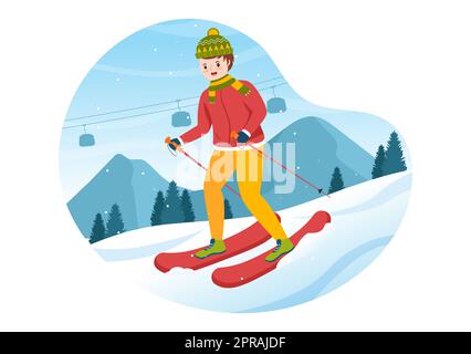 Snowboarding Hand Drawn Cartoon Flat Illustration of People in Winter Outfit Sliding and Jumping with Snowboards at Snowy Mountain Sides or Slopes Stock Photo