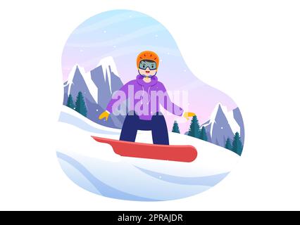 Snowboarding Hand Drawn Cartoon Flat Illustration of People in Winter Outfit Sliding and Jumping with Snowboards at Snowy Mountain Sides or Slopes Stock Photo