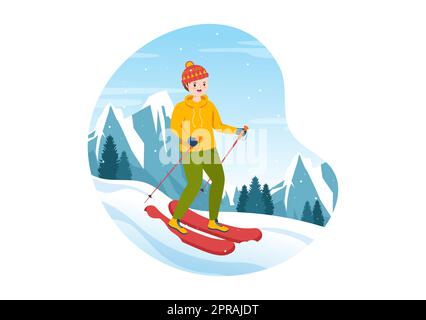 Snowboarding Hand Drawn Cartoon Flat Illustration of People in Winter Outfit Sliding and Jumping with Snowboards at Snowy Mountain Sides or Slopes Stock Photo