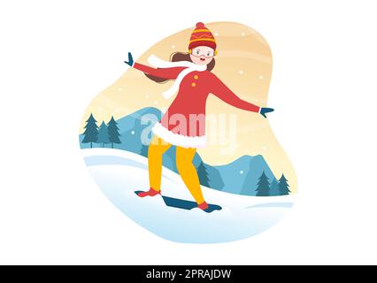 Snowboarding Hand Drawn Cartoon Flat Illustration of People in Winter Outfit Sliding and Jumping with Snowboards at Snowy Mountain Sides or Slopes Stock Photo